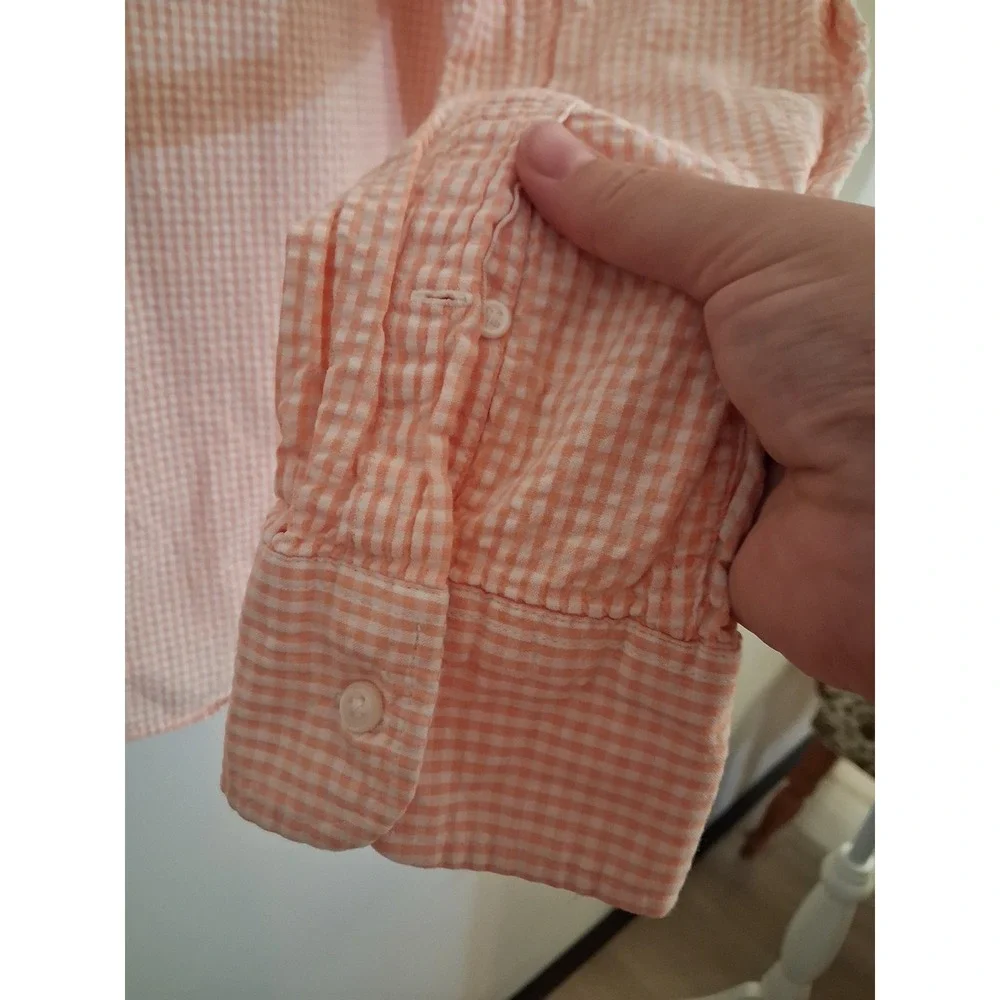 J. Crew Mens XL Slim Fit Organic Cotton Seersucker Gingham Shirt Orange White
